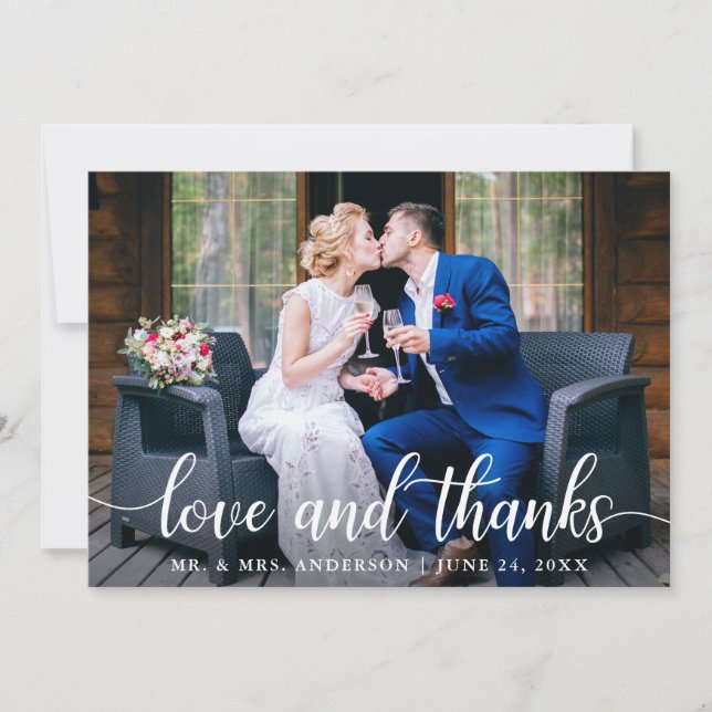 Modern Elegant Script Love Thanks Wedding Photo Thank You Card (Front)