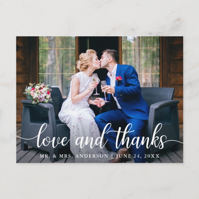 Modern Elegant Script Love Thanks Wedding Photo W Postcard (Front)