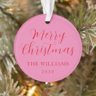 Modern Elegant Script Merry Christmas Pink Red Ornament