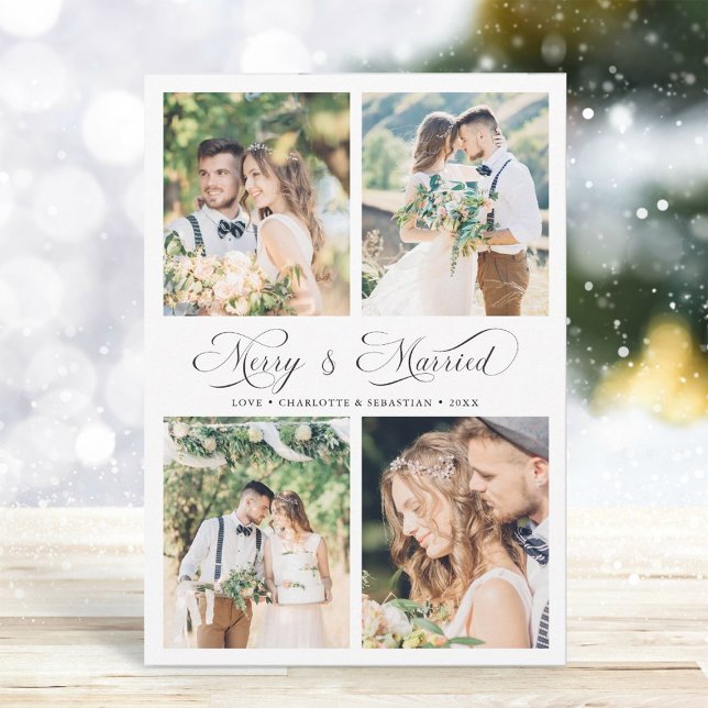 Modern Elegant Script Merry & Married 4 Photo  Holiday Card (Creator Uploaded)