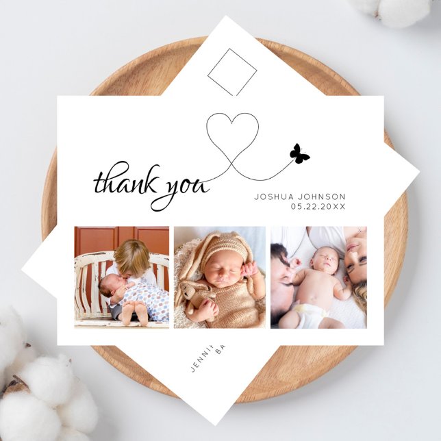 Modern Elegant Script Minimal 3 Photo Baby Shower Postcard (elegant photo collage baby shower / new baby thank you postcard)