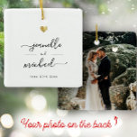 Modern Elegant Script Minimal Gold Heart Wedding Ceramic Ornament<br><div class="desc">Modern wedding ornament with your custom names in elegant swirly script calligraphy  alongside a printed gold heart and the date of your celebration. On the back is space for your favourite photo of the nultials. This is the minimalist black and white version. Great keepsake gifts for newlyweds!</div>