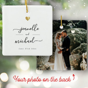 Modern Elegant Script Minimal Gold Heart Wedding Ceramic Ornament