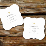 Modern Elegant Script Minimal Gold Wedding Favour Paper Coaster<br><div class="desc">Modern wedding party favour paper coaster with your custom names in elegant swirly script calligraphy,  the couple's names and the date of your celebration. This is the minimalist black and white version with a golden heart detail. Great also for bridal showers,  engagement or bachelorette parties.</div>