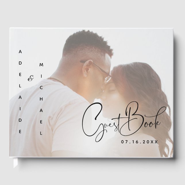 Modern Elegant Script Minimalist Photo Wedding Guest Book (Front)