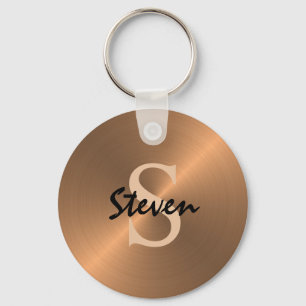 Modern Elegant Script Monogram Bronze Metallic Key Ring