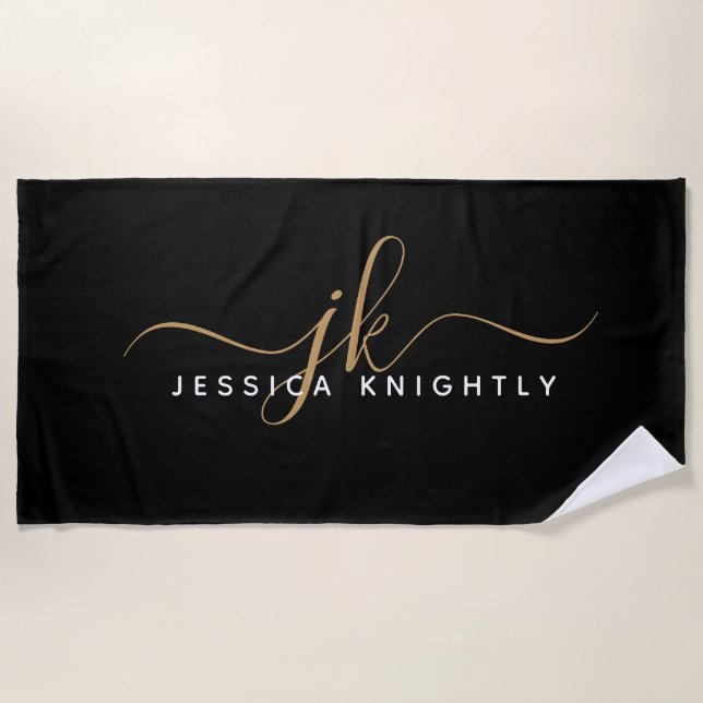 Modern Elegant Script Monogram Initials Black Gold Beach Towel (Front)
