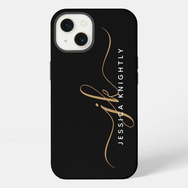 Modern Elegant Script Monogram Initials Black Gold iPhone Case (Back)