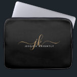 Modern Elegant Script Monogram Initials Black Gold Laptop Sleeve<br><div class="desc">Personalised modern laptop sleeve with simple, elegant handwritten calligraphy script initials or monogram and name in gold and white against an editable black background for a stylish or professional look. CHANGES: Change the background colour, choose a styled graphics background or change the text font style, colour, size and placement by...</div>