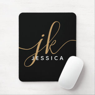 Modern Elegant Script Monogram Initials Black Gold Mouse Mat