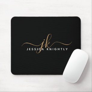 Modern Elegant Script Monogram Initials Black Gold Mouse Mat