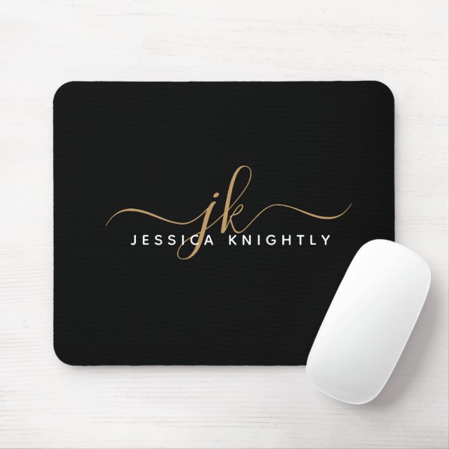 Modern Elegant Script Monogram Initials Black Gold Mouse Mat (With Mouse)