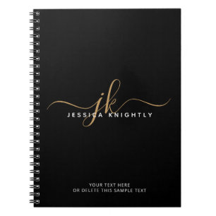 Modern Elegant Script Monogram Initials Black Gold Notebook