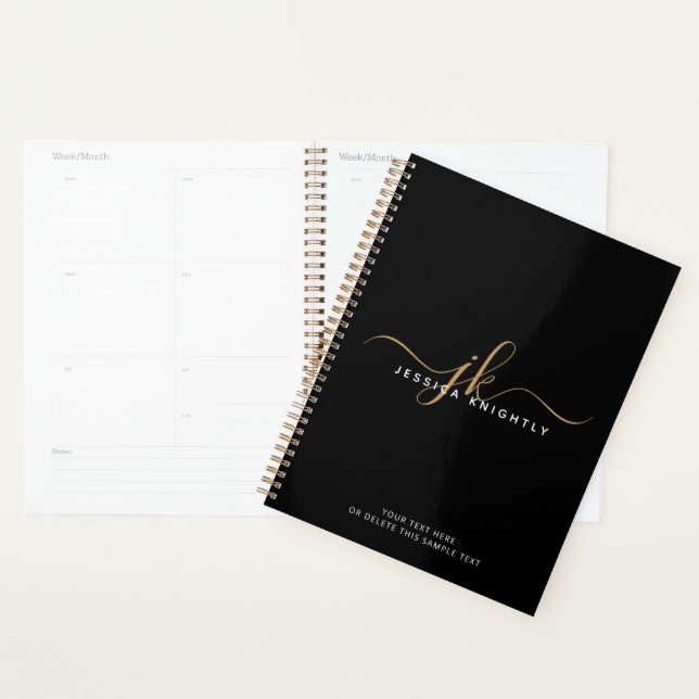 Modern Elegant Script Monogram Initials Black Gold Planner (Display)