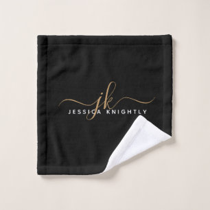 Modern Elegant Script Monogram Initials Black Gold Wash Cloth