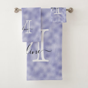 Modern Elegant Script Monogram Purple Foil Bath Towel Set