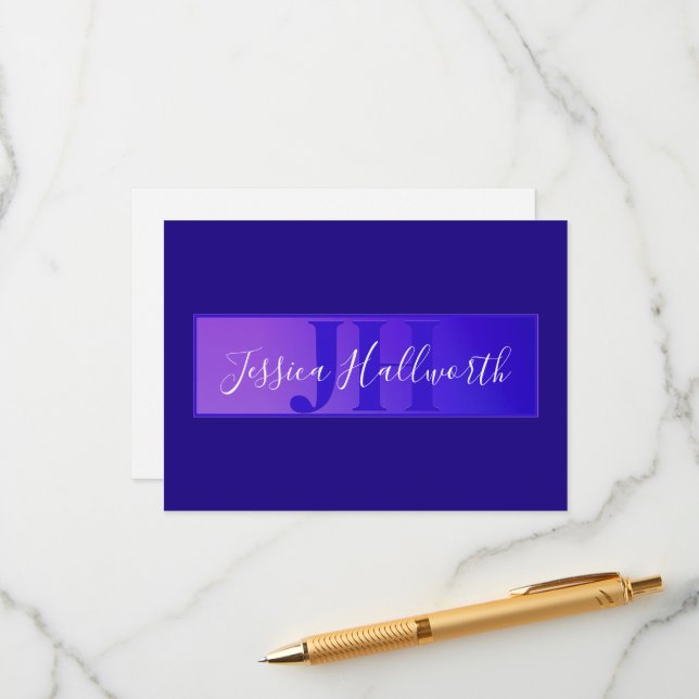 Modern Elegant Script Name & Monogram Ombre Purple Enclosure Card (Front/Back In Situ)