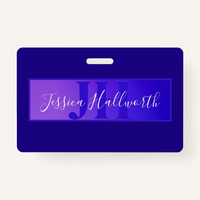 Modern Elegant Script Name & Monogram Ombre Purple ID Badge (Front)