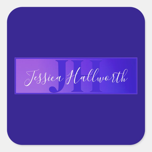Modern Elegant Script Name & Monogram Ombre Purple Square Sticker (Front)