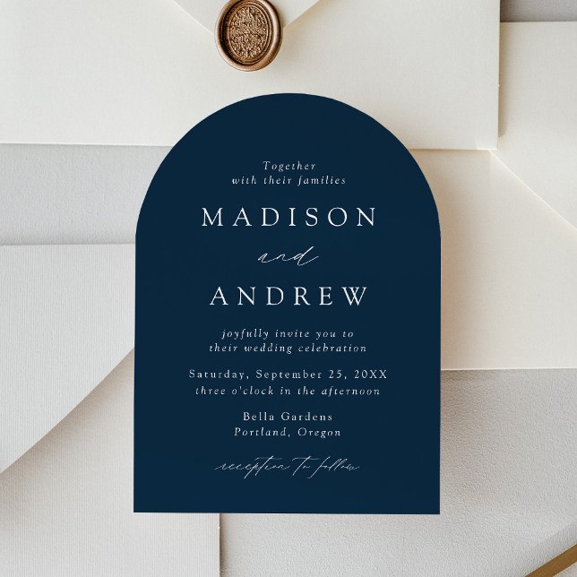Modern Elegant Script Navy Arch Wedding Invitation (Creator Uploaded)