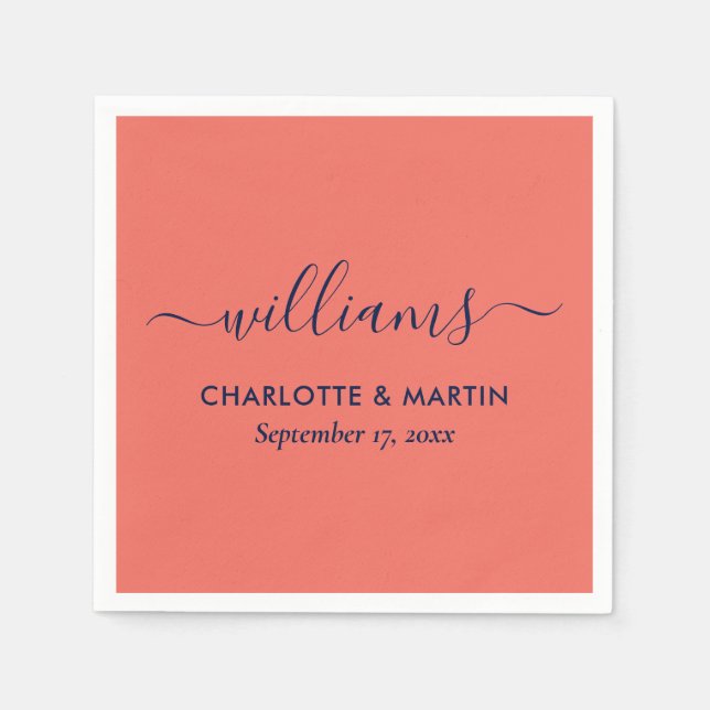 Modern Elegant Script Navy Blue and Coral Wedding Napkin (Front)