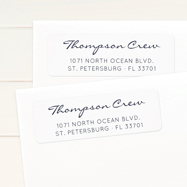 Modern Elegant Script Navy Blue Return Address (Simple, nautical return address label. Modern, elegant script return address label in navy blue.)