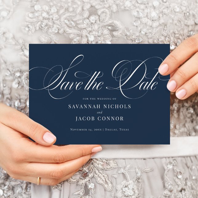 Modern Elegant Script Navy Blue Save The Date (Creator Uploaded)