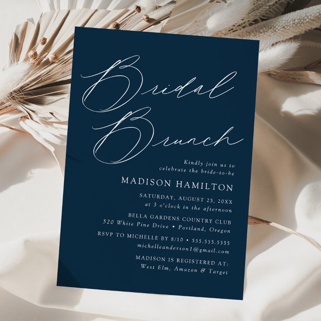 Modern Elegant Script Navy Bridal Shower Brunch Invitation (Creator Uploaded)