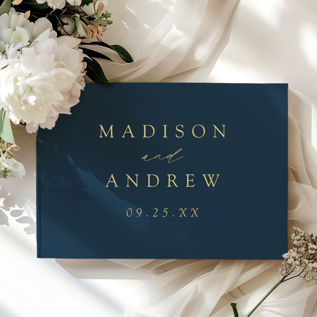 Modern Elegant Script Navy Photo Wedding Guest Book (Creator Uploaded)