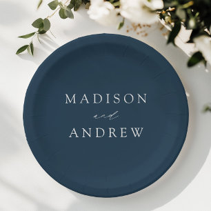 Modern Elegant Script Navy Wedding Paper Plate