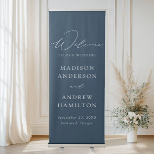 Modern Elegant Script Navy Wedding Welcome Retractable Banner