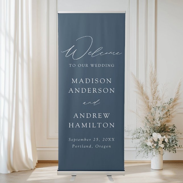 Modern Elegant Script Navy Wedding Welcome Retractable Banner (Creator Uploaded)