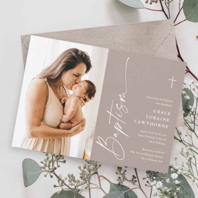 Modern Elegant Script Neutral Photo Baptism Invitation (Modern script photo baptism invitations.)