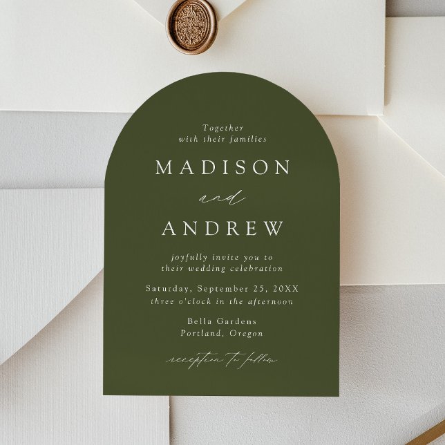 Modern Elegant Script Olive Green Arch Wedding Invitation (Creator Uploaded)