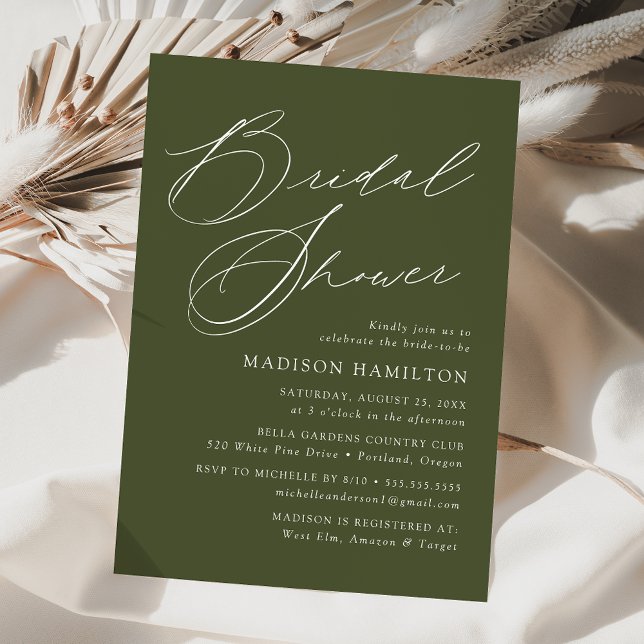 Modern Elegant Script Olive Green Bridal Shower Invitation (Creator Uploaded)