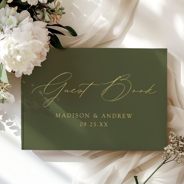 Modern Elegant Script Olive Green Photo Wedding Guest Book (Creator Uploaded)