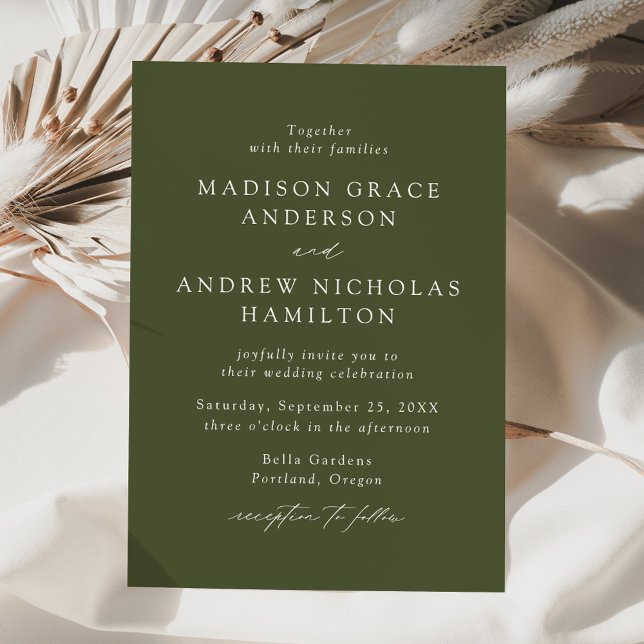Modern Elegant Script Olive Green Wedding Invitation (Creator Uploaded)