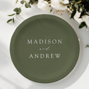 Modern Elegant Script Olive Green Wedding Paper Plate