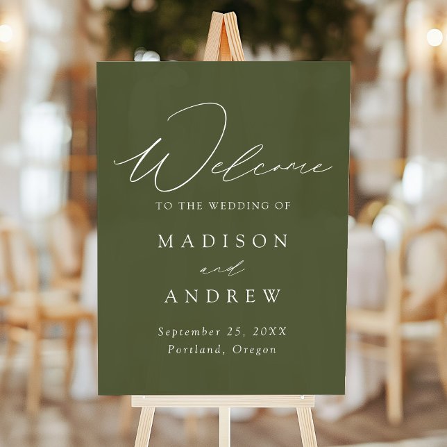 Modern Elegant Script Olive Green Wedding Welcome Acrylic Sign (Creator Uploaded)