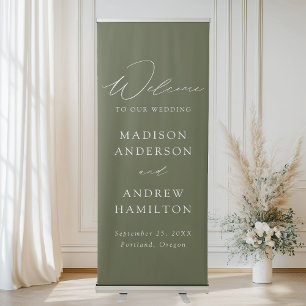Modern Elegant Script Olive Green Wedding Welcome Retractable Banner