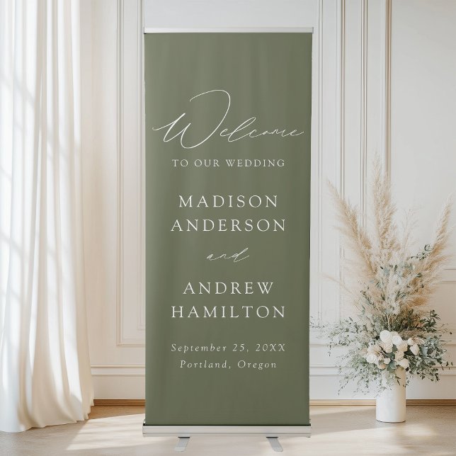 Modern Elegant Script Olive Green Wedding Welcome Retractable Banner (Creator Uploaded)