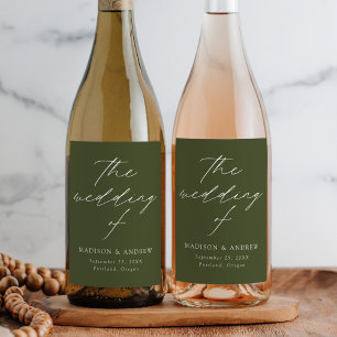 Modern Elegant Script Olive Green Wedding Wine Label