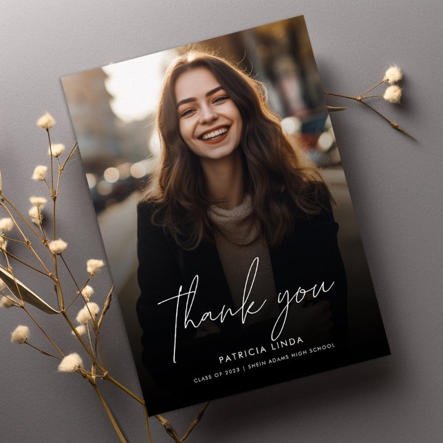 Modern Elegant Script Overlay Photo Graduation Thank You Card (Creator Uploaded)