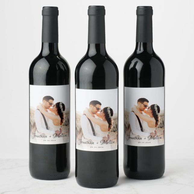 Modern Elegant Script Overlay Photo Wedding Wine Label (Bottles)