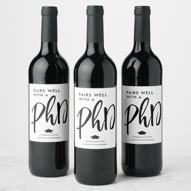 Modern Elegant Script PhD Graduate Congratulation Wine Label (Bottles)
