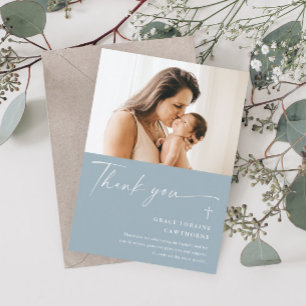 Modern Elegant Script Photo Baptism Thank You Card