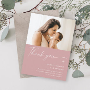 Modern Elegant Script Photo Baptism Thank You Card