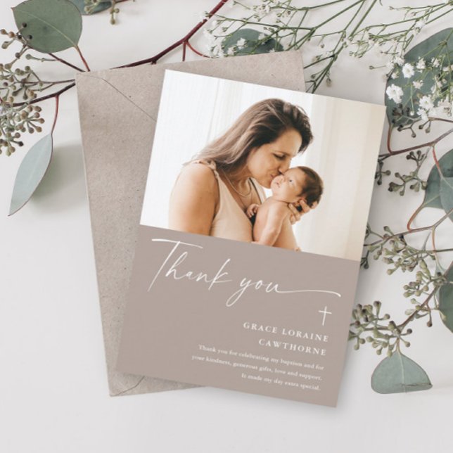 Modern Elegant Script Photo Baptism Thank You Card (Creator Uploaded)