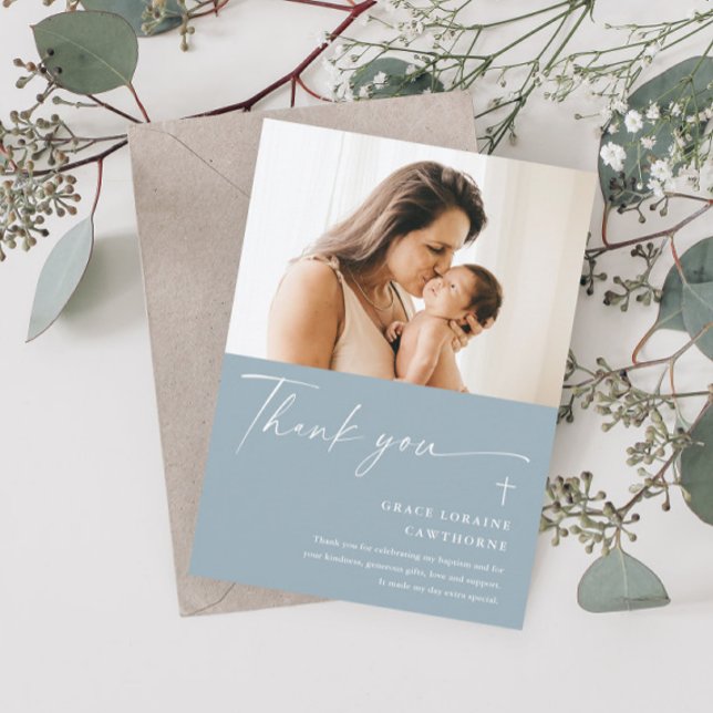 Modern Elegant Script Photo Baptism Thank You Card (Creator Uploaded)