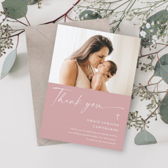 Modern Elegant Script Photo Baptism Thank You Card (Creator Uploaded)